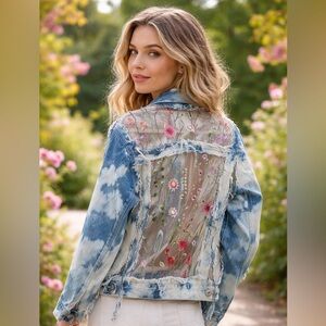 Y2K Canyon River Blues Embroidered Sheer-Panel Tie-Dye Denim Jacket oversized